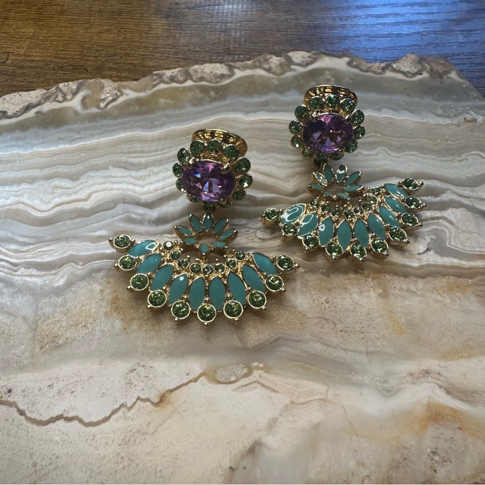 Vintage Nolan Miller Turquoise Enamel & Purple Crystal Statement Clip On Earring